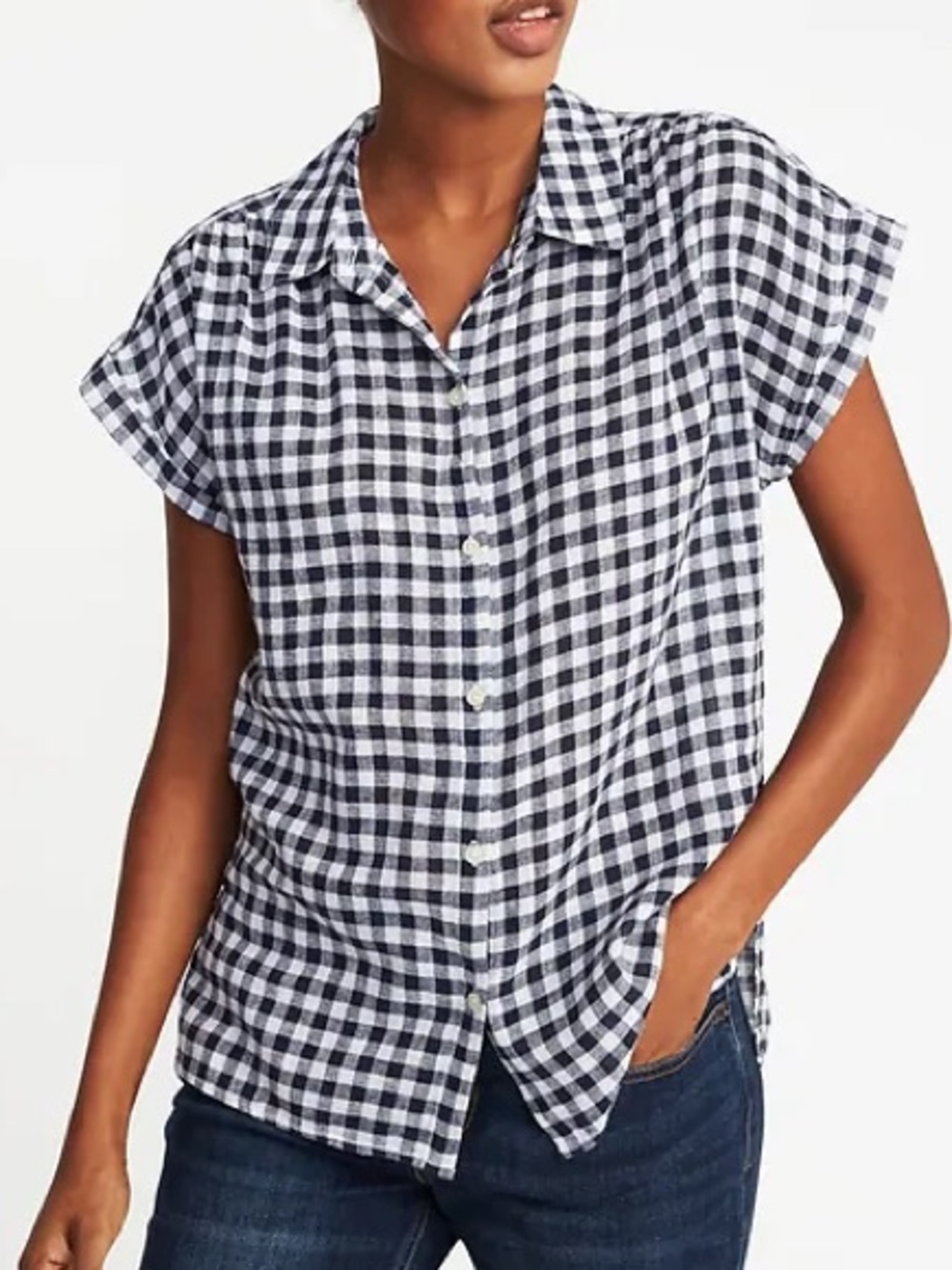 Old Navy linen/cotton Navy & White Gingham Button-Front Shirt linen XL 14/16